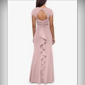 Xscape Petite V-Neck Cascading-Ruffle-Back Scuba Crepe Gown in Blush Pink, Sz 8P